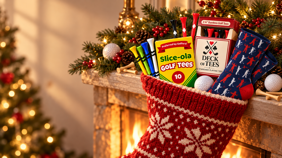 Red Christmas stocking on a fireplace mantel with Slice-ola and Deck of Tees golf tee boxes, golf socks and golf balls