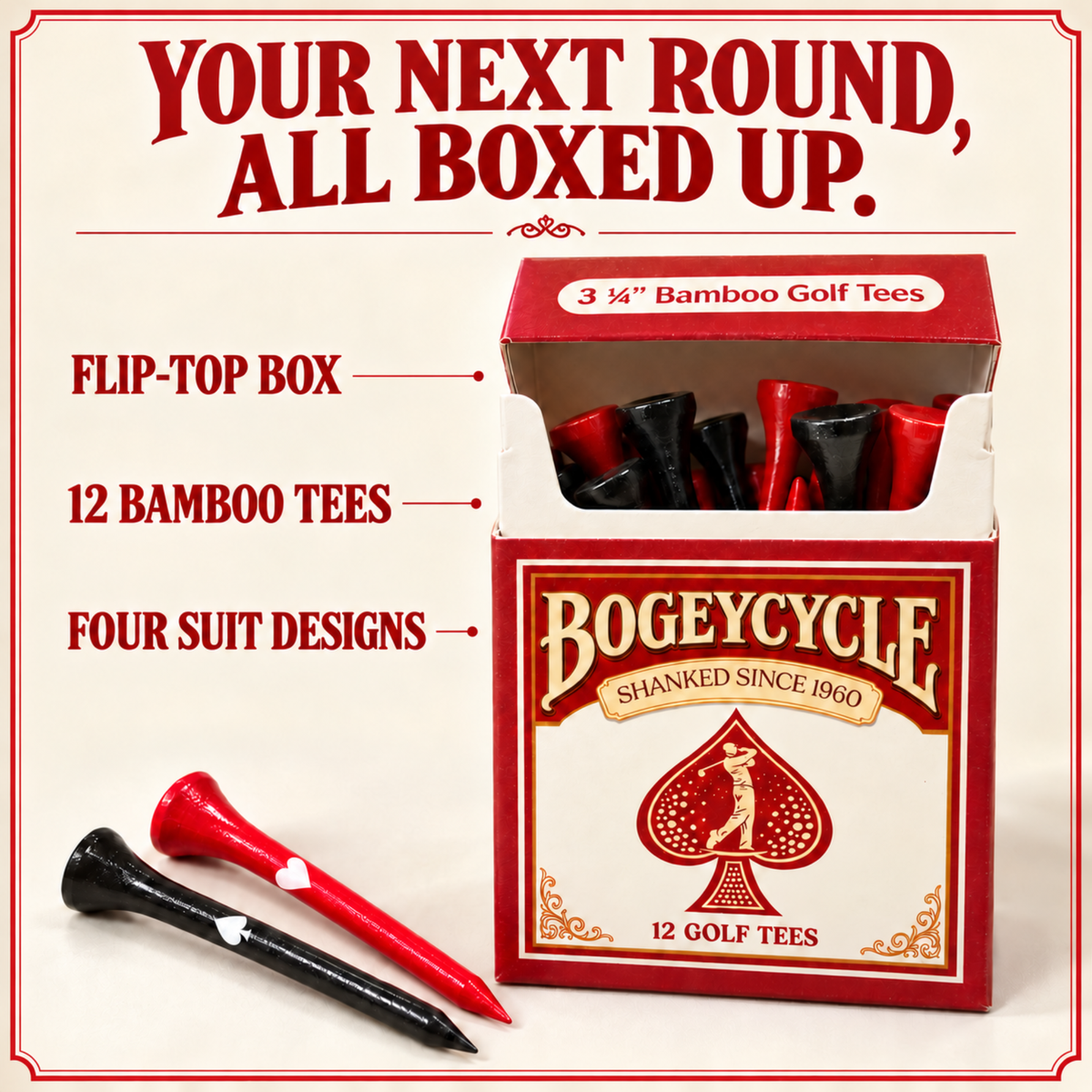 Bogeycycle Red funny golf tees, 12 bamboo tees in a recyclable box, photo 5