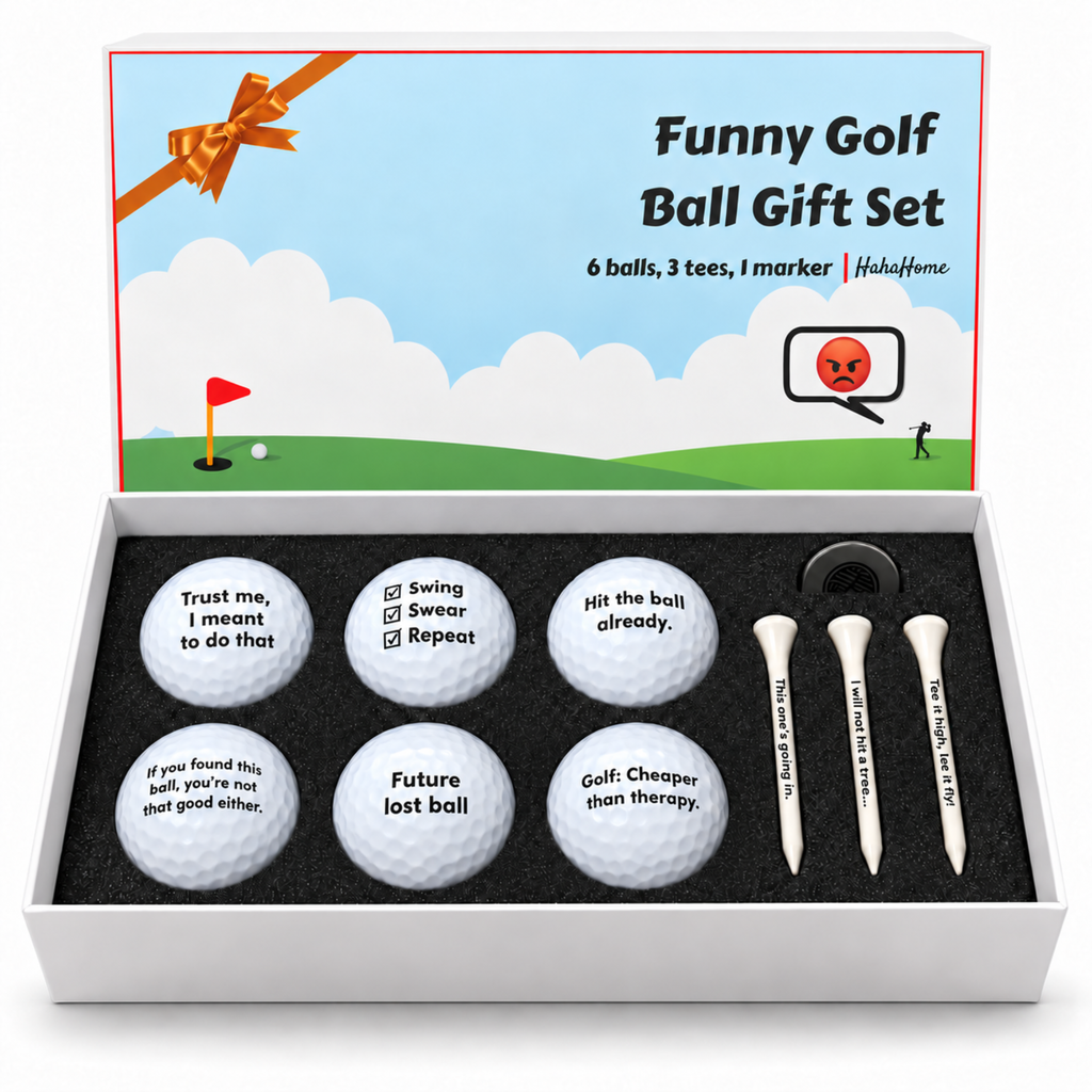 Funny golf ball gift set with printed golf balls, ball marker and tees in a gift box