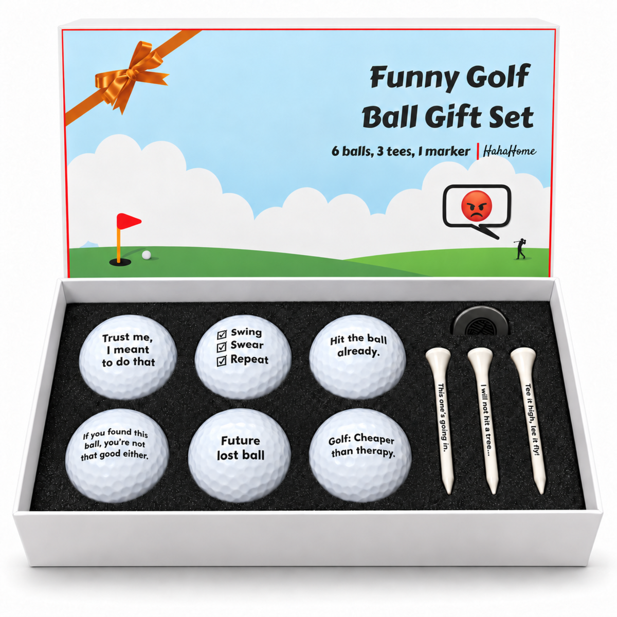 Funny golf ball gift set with printed golf balls, ball marker and tees in a gift box