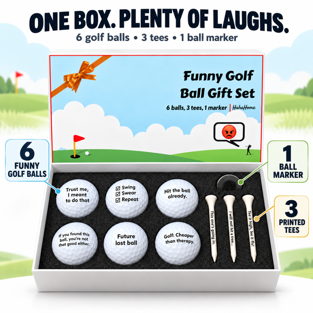 Funny golf ball gift set with printed golf balls, ball marker and tees in a gift box, photo 2