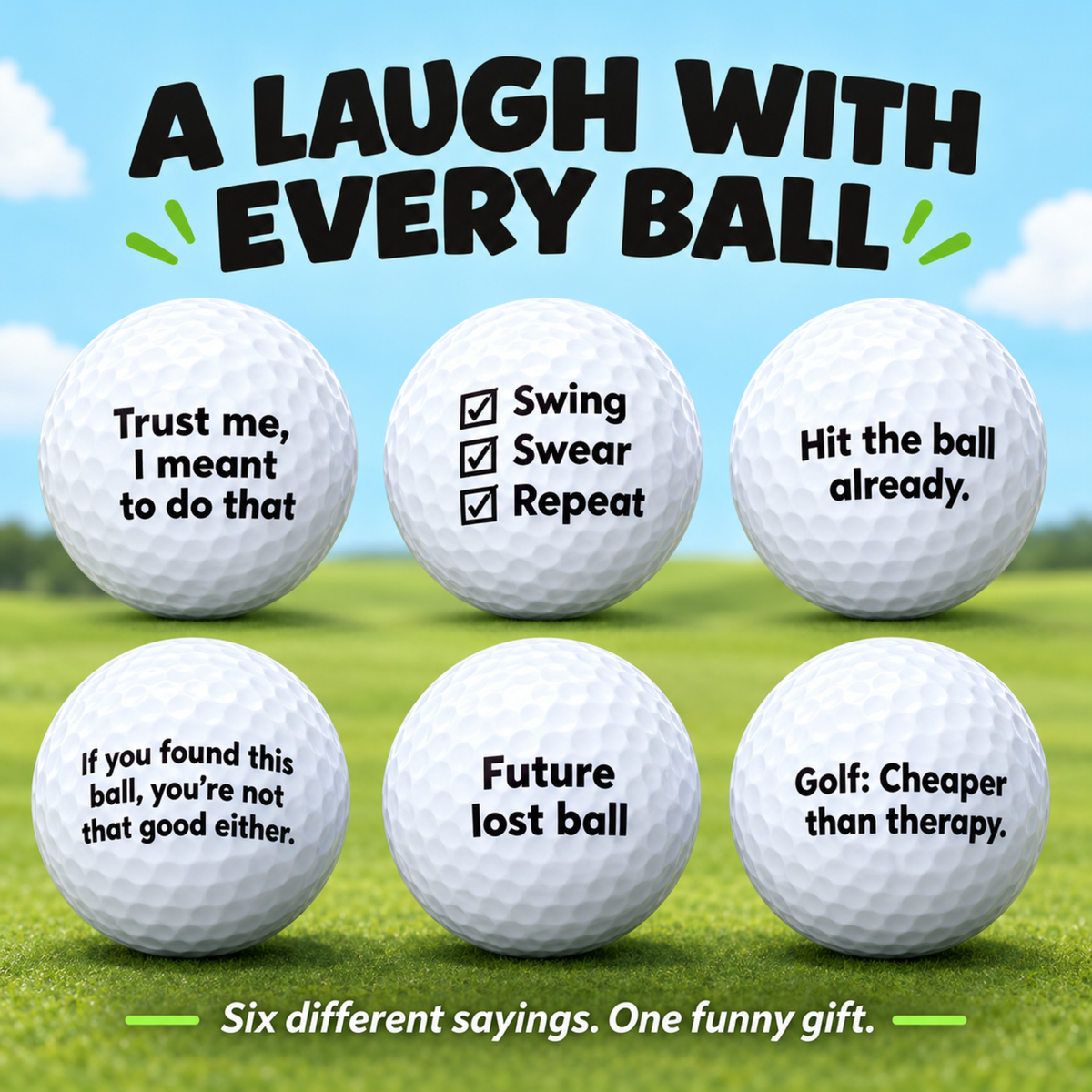 Funny golf ball gift set with printed golf balls, ball marker and tees in a gift box, photo 3