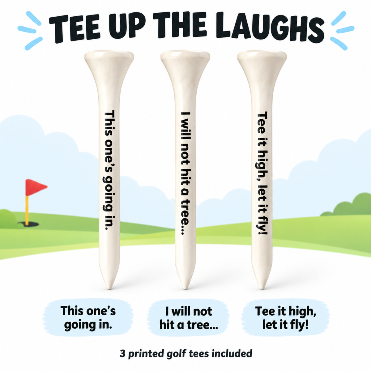 Funny golf ball gift set with printed golf balls, ball marker and tees in a gift box, photo 4