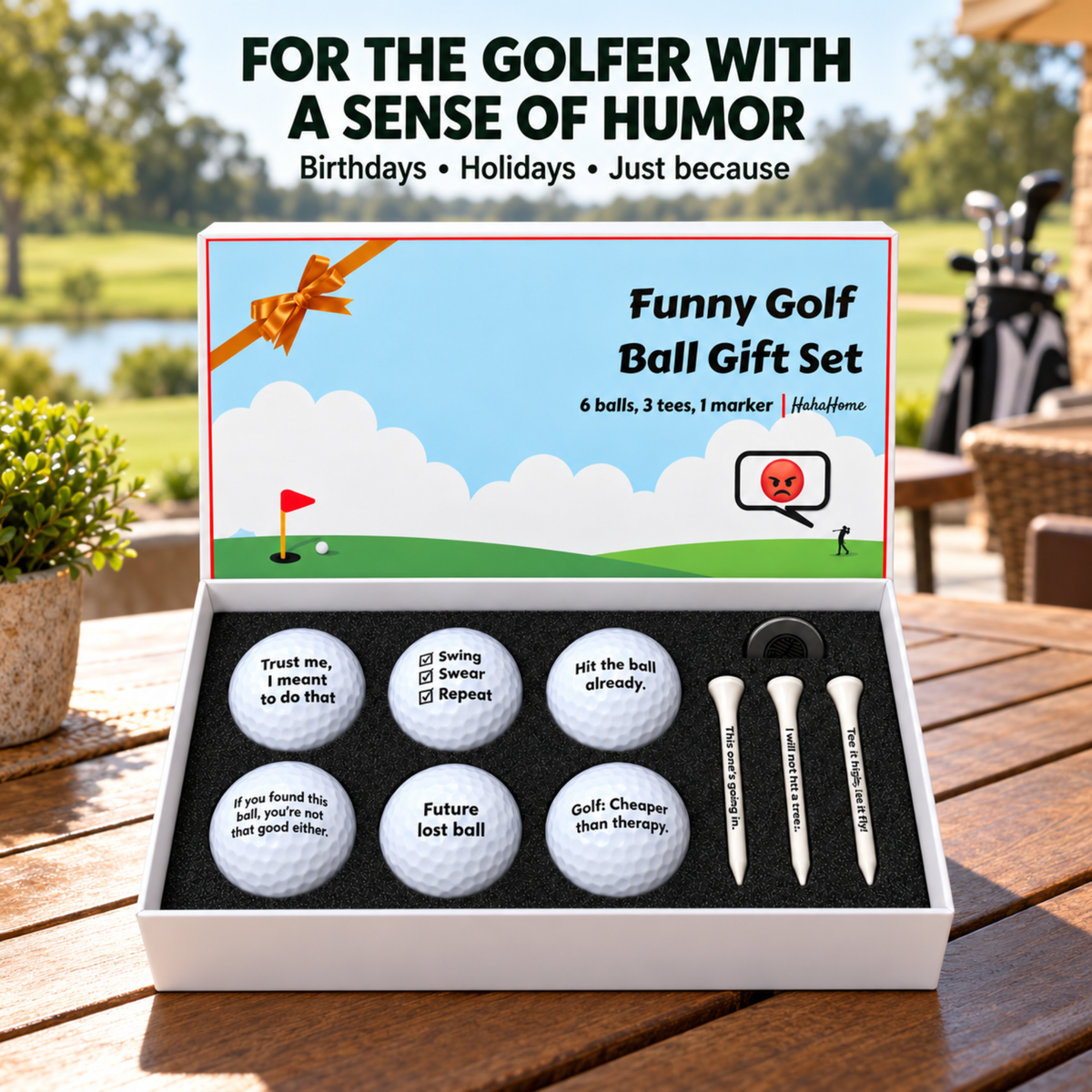 Funny golf ball gift set with printed golf balls, ball marker and tees in a gift box, photo 6