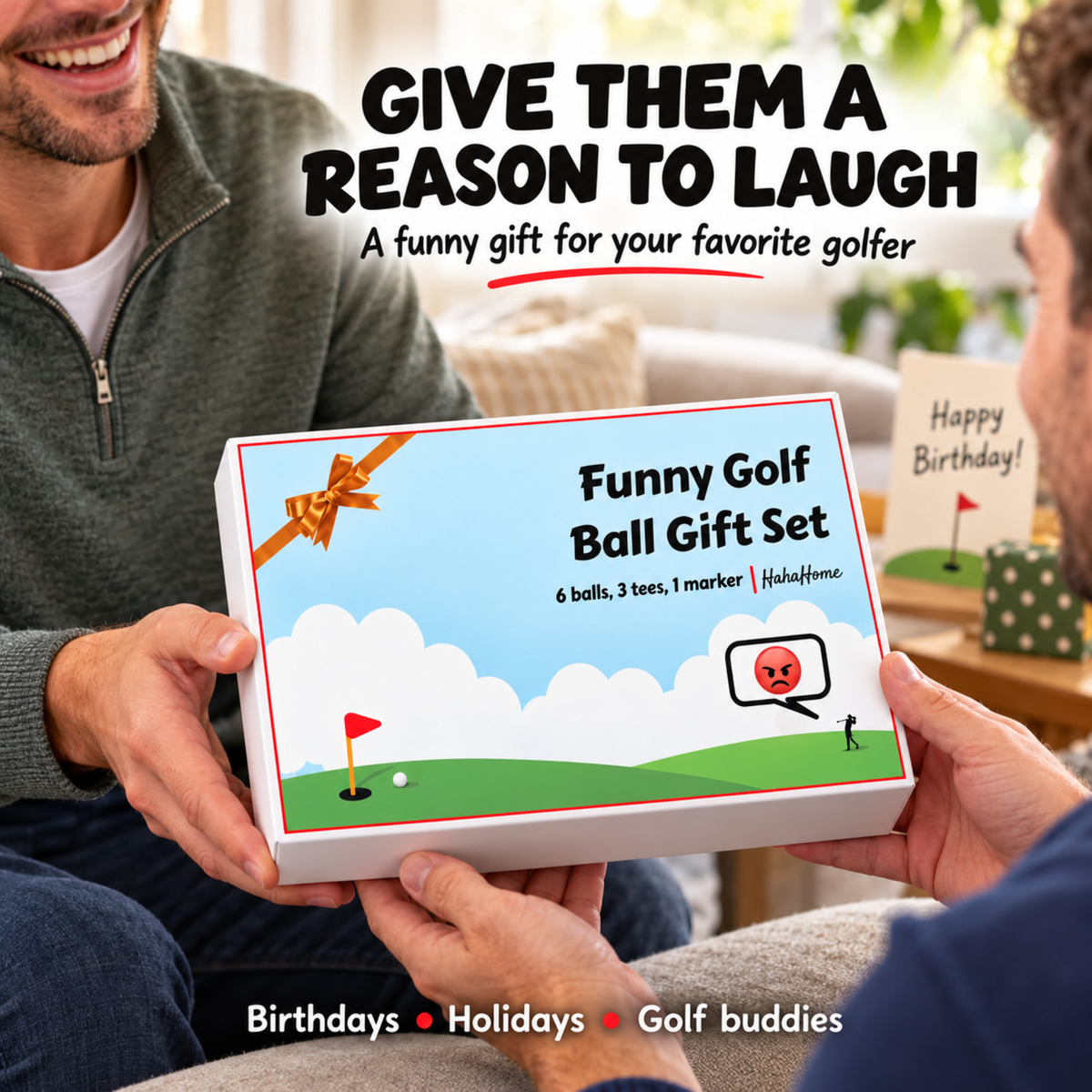Funny golf ball gift set with printed golf balls, ball marker and tees in a gift box, photo 5