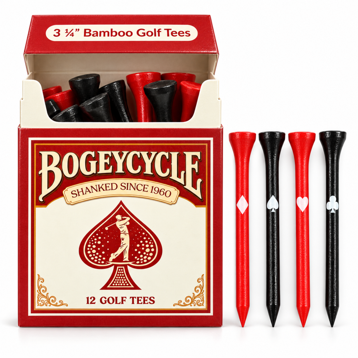 Bogeycycle Red funny golf tees, 12 bamboo tees in a recyclable box