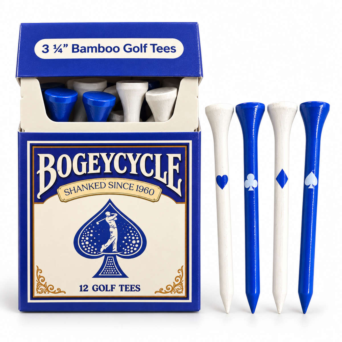 Bogeycycle Blue funny golf tees, 12 bamboo tees in a recyclable box