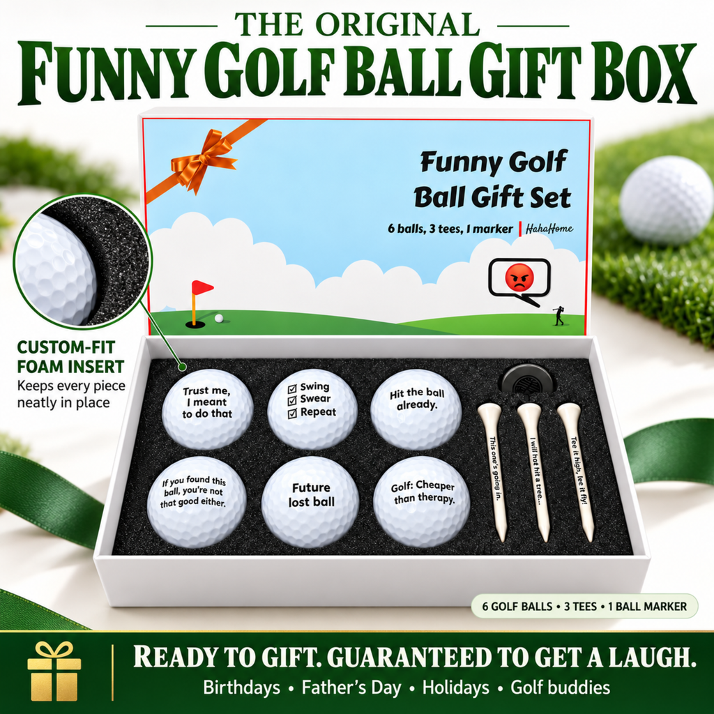 Funny golf ball gift set with printed golf balls, ball marker and tees in a gift box, photo 8