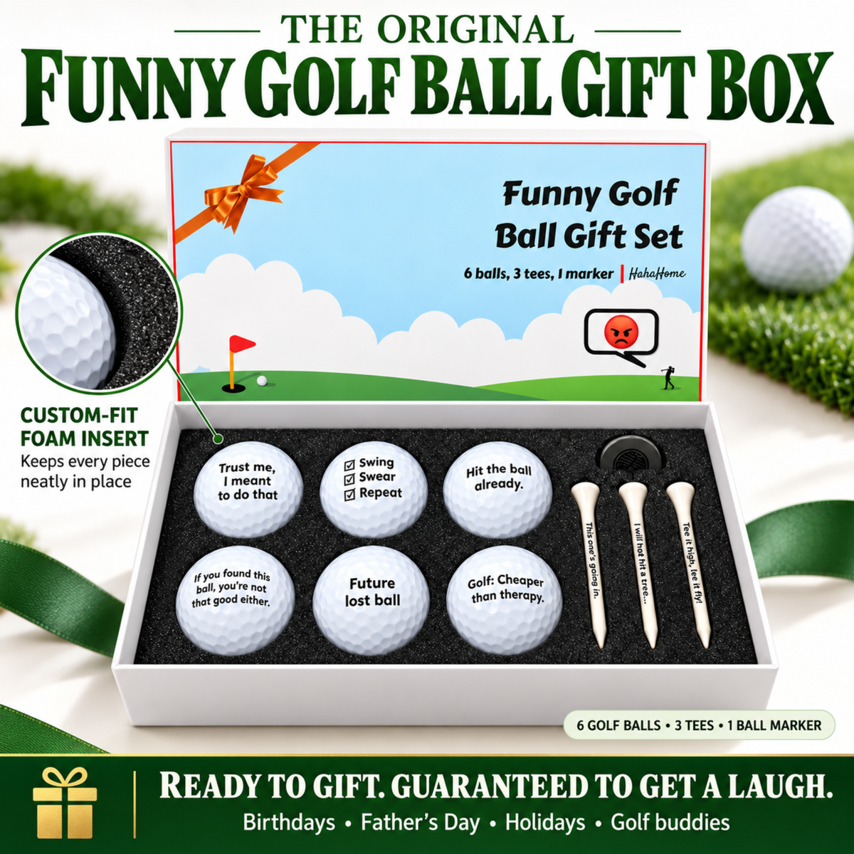 Funny golf ball gift set with printed golf balls, ball marker and tees in a gift box, photo 8